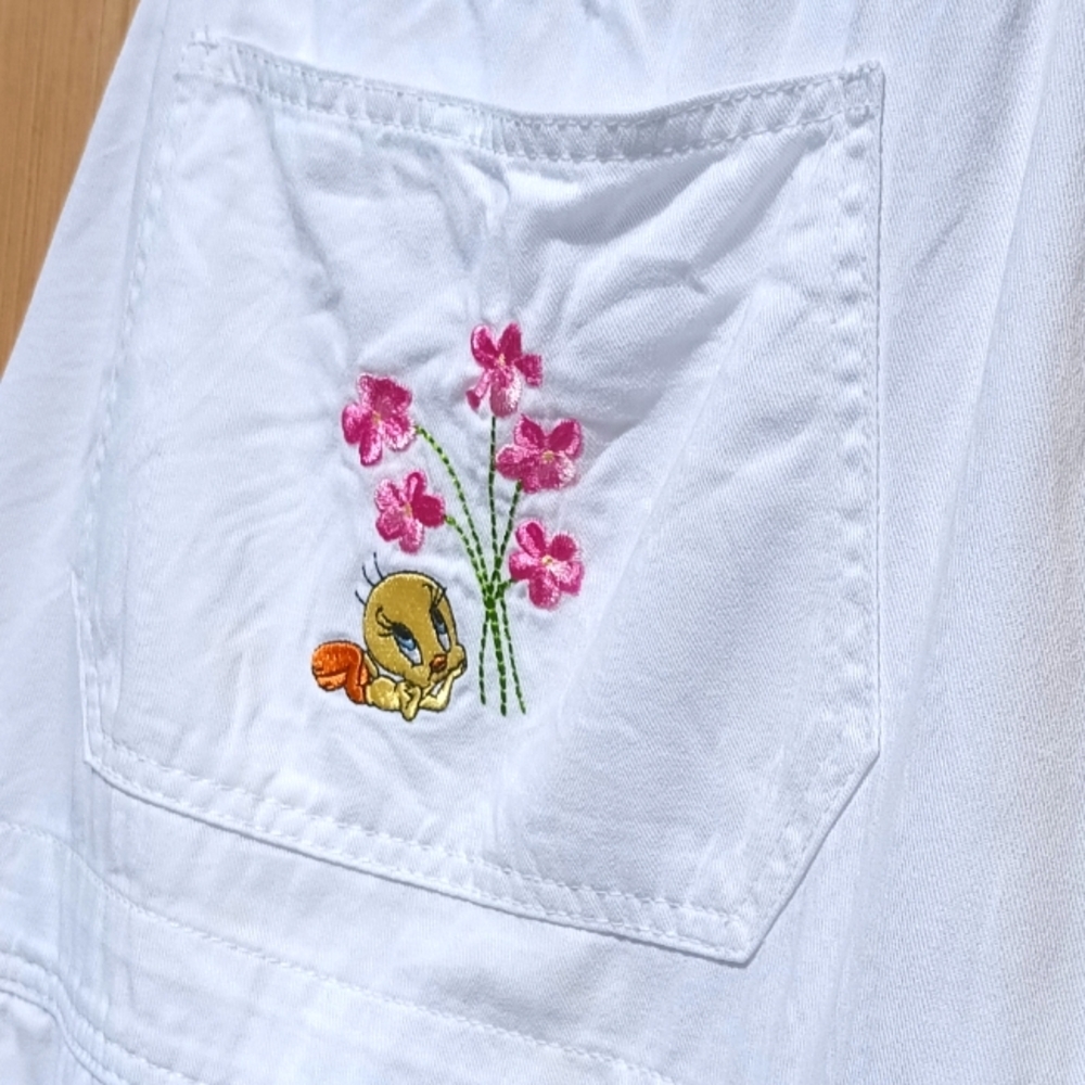 Vintage Tweety Bird Denim White Bib Overall Shorts Set Women's Size Medium - Picture 2 of 7